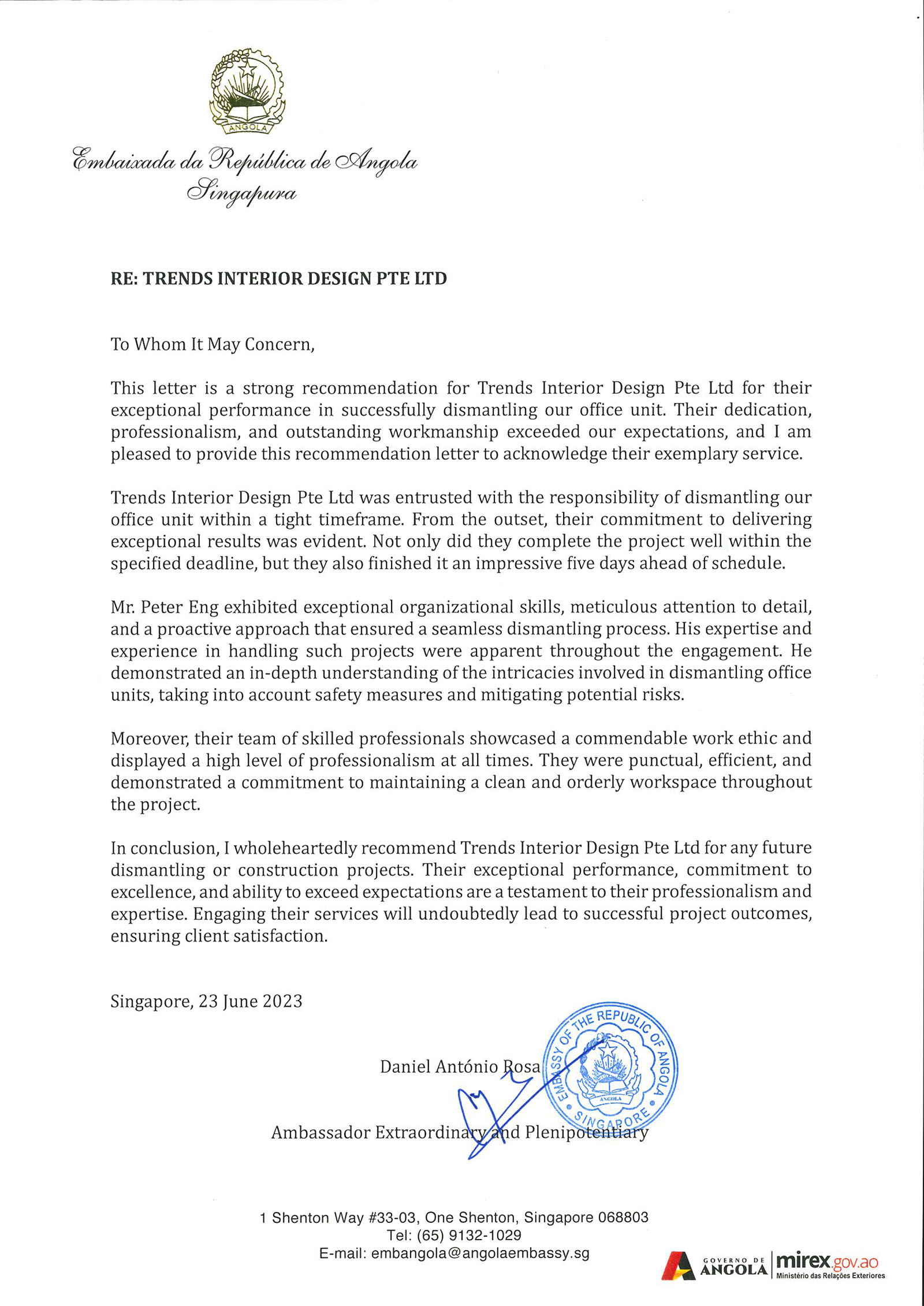 Recommendation letter from the Embassy of the Republic of Angola to Trends Interior