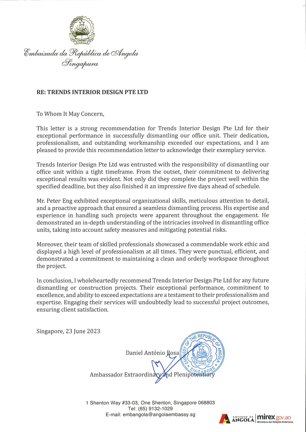 Recommendation letter from the Embassy of the Republic of Angola to Trends Interior