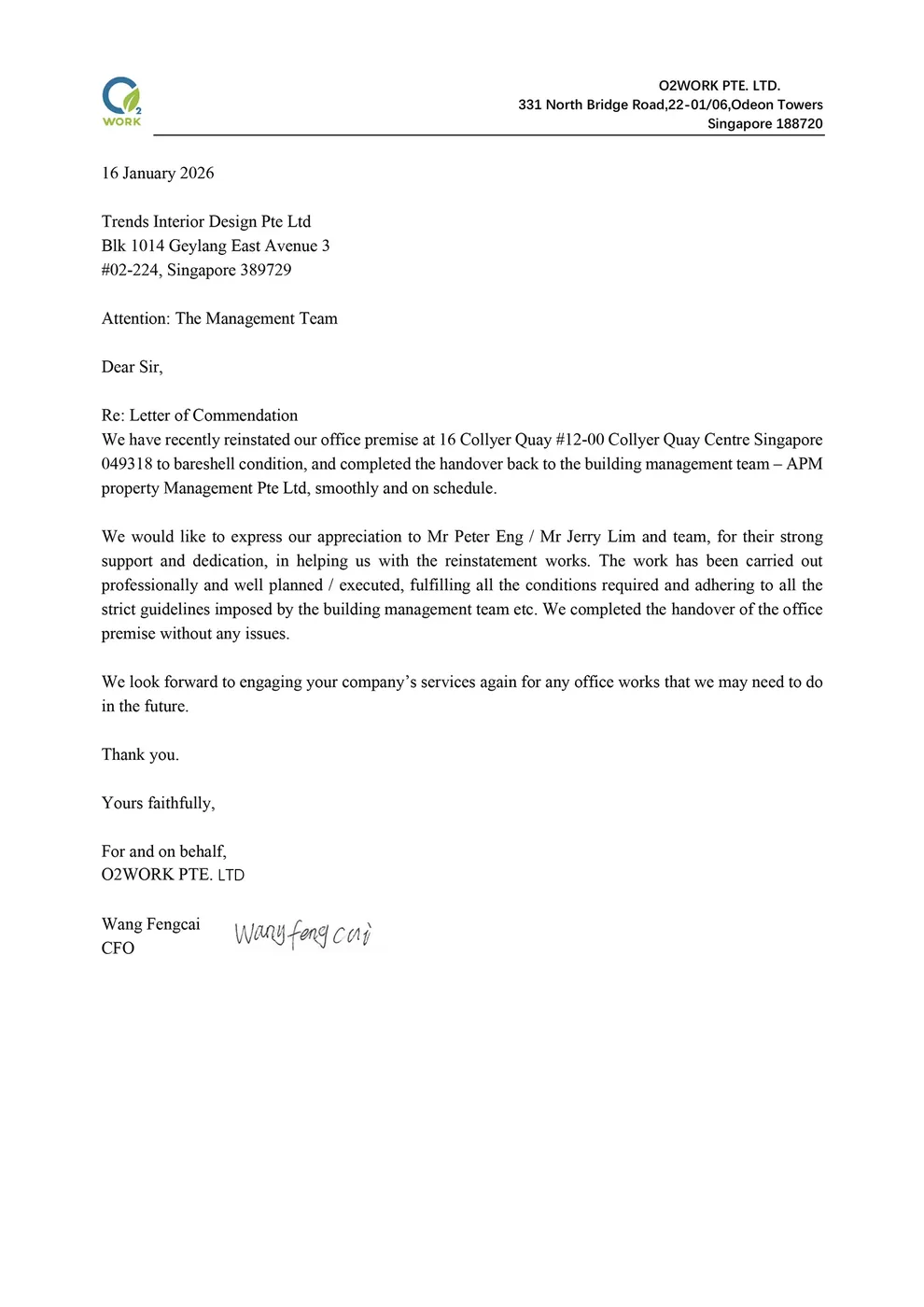 Letter of commendation from O2WORK Pte Ltd to Trends Interior