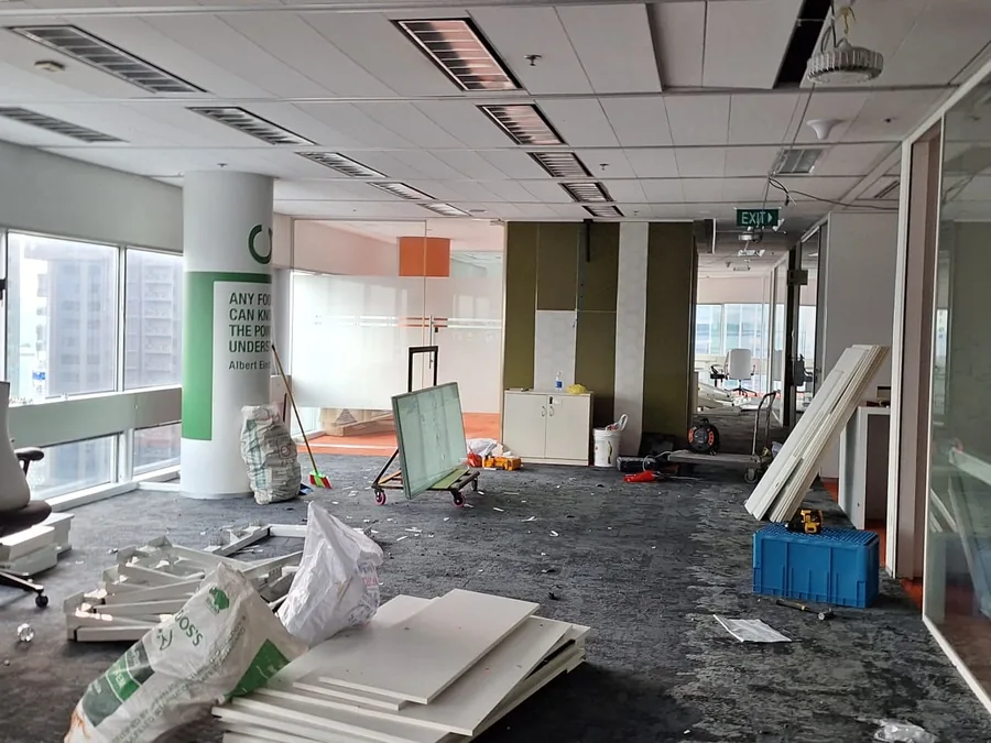 Office floor cleared of fittings during reinstatement works