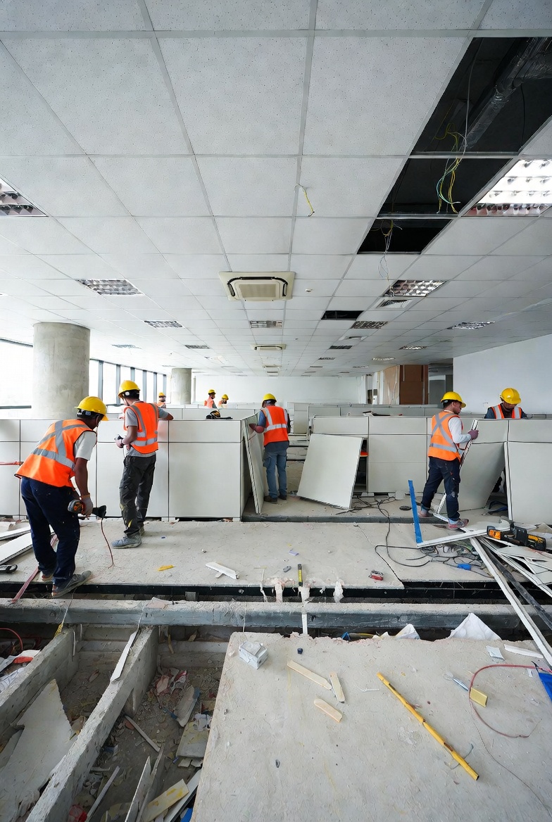 Trends Interior crew dismantling office partitions during a reinstatement
